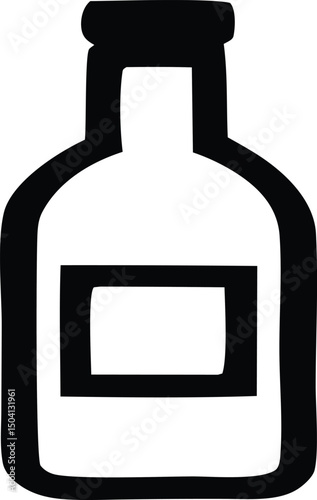 Simple black and white illustration of a bottle with a label