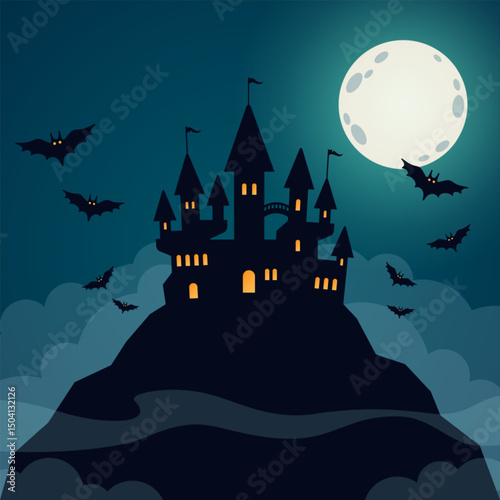 Cartoon Halloween Spooky Castle silhouette Poster. Vector illustration. Horror night holiday spooky background. Witch haunted house graveyard banner. Flying bats, full moon landscape scene card