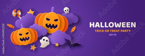 Happy Halloween banner invitation background with clouds, bats and pumpkins in paper cut style. Vector illustration. Place for text. Trick or treat party poster template, candy, spooky ghost, bats