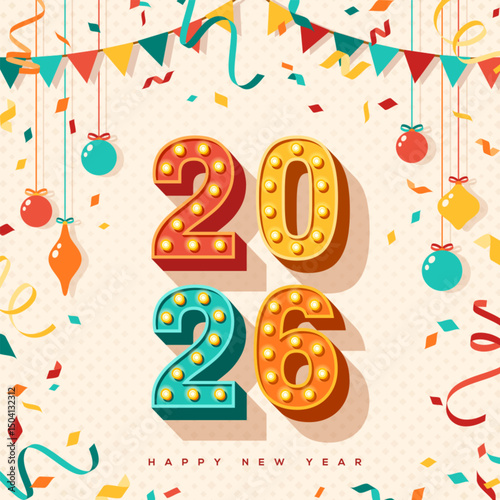 Merry Christmas Happy New year 2026 card invitation, typography design. Vector illustration. Retro light bulbs font, streamers, confetti and hanging flag garlands. Flyer, poster voucher template.