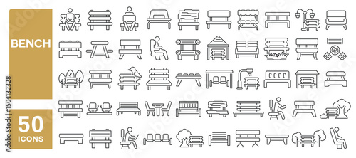 Set of 50 line icons related to bench, park bench, chair, outdoor, relaxation, patio, wooden bench, Editable stroke. Vector illustration