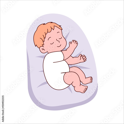 Cute baby boy sleeping peacefully on soft pillow, adorable cartoon infant in white onesie. Vector illustration for baby shower, childcare, parenting, nursery themes.