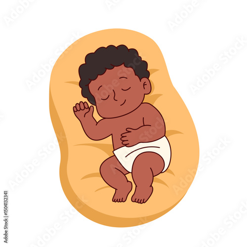 Cute African American baby sleeping peacefully, newborn infant cartoon illustration. Vector design for parenting, nursery room, baby shower or childcare content