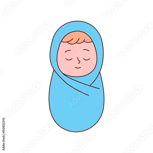 Cute sleeping baby wrapped in soft blanket. Minimalist vector illustration ideal for baby clothes, newborn care, parenting resources, and child health campaigns