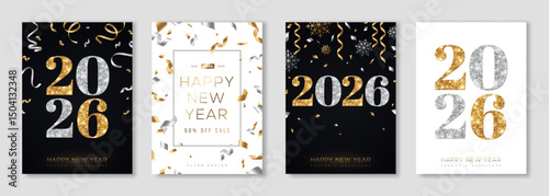 Merry Christmas New Year posters set with gold and silver confetti, 2026 numbers. Vector illustration. Winter holiday invite, snowflakes and streamers. Minimal flyer, brochure voucher template.