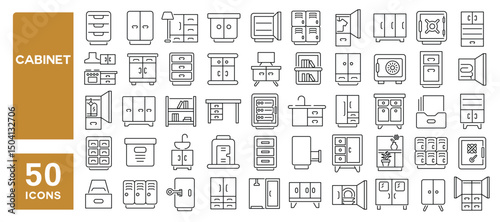 Set of 50 line icons related to cabinet, cupboard, interior, storage, archive, shelf, closet, Editable stroke. Vector illustration