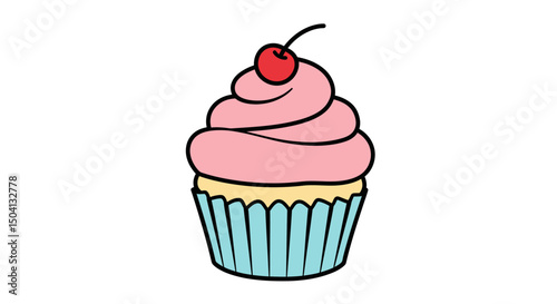 Charming Cartoon Cupcake Illustration Pink Frosting, Cherry Topping