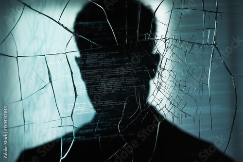 Silhouette reflected in cracked glass with fragmented digital codes