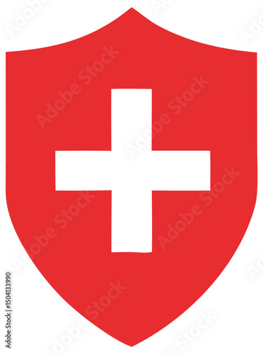 Red shield with white cross swiss symbol of protection and healthcare