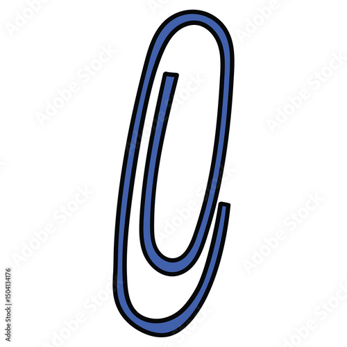 Hand drawn cartoon blue paper clip on white background.