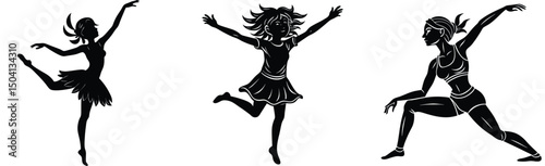 Diverse silhouettes of women in various activities ballet dance yoga and happy girl jumping posing