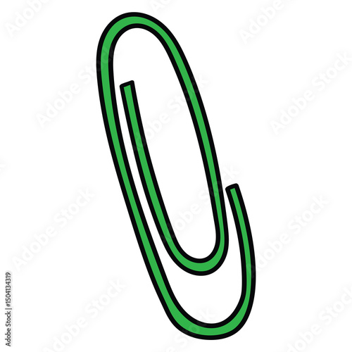 Hand drawn cartoon green paper clip on white background.