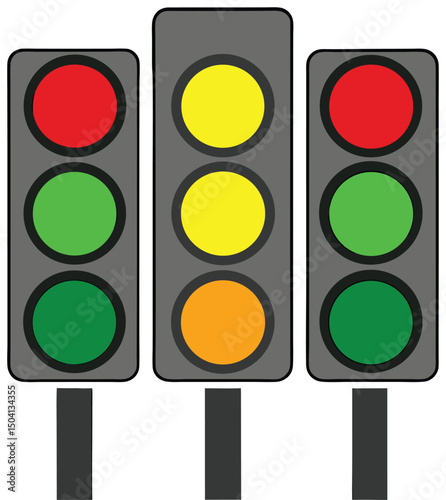 Three traffic lights illustration showing red green and yellow signals