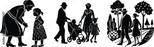 Family generations walking together and white silhouette vector illustration