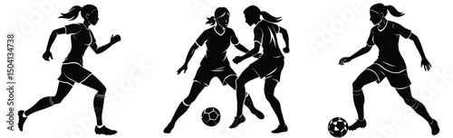 Female soccer players silhouettes in action dribbling and running with the ball on a white background