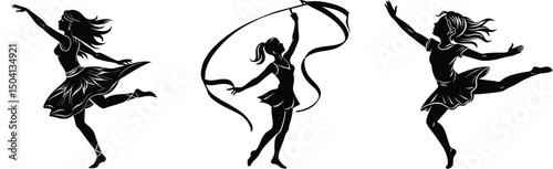 Graceful gymnastics silhouette collection featuring rhythmic ribbon dance and dynamic leaps in elegant poses