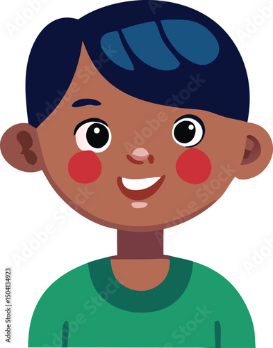 Illustration of a happy young boy with dark hair and rosy cheeks wearing a green shirt