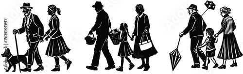 Group of families walking together silhouette vector illustration featuring multiple generations and dogs on a white background
