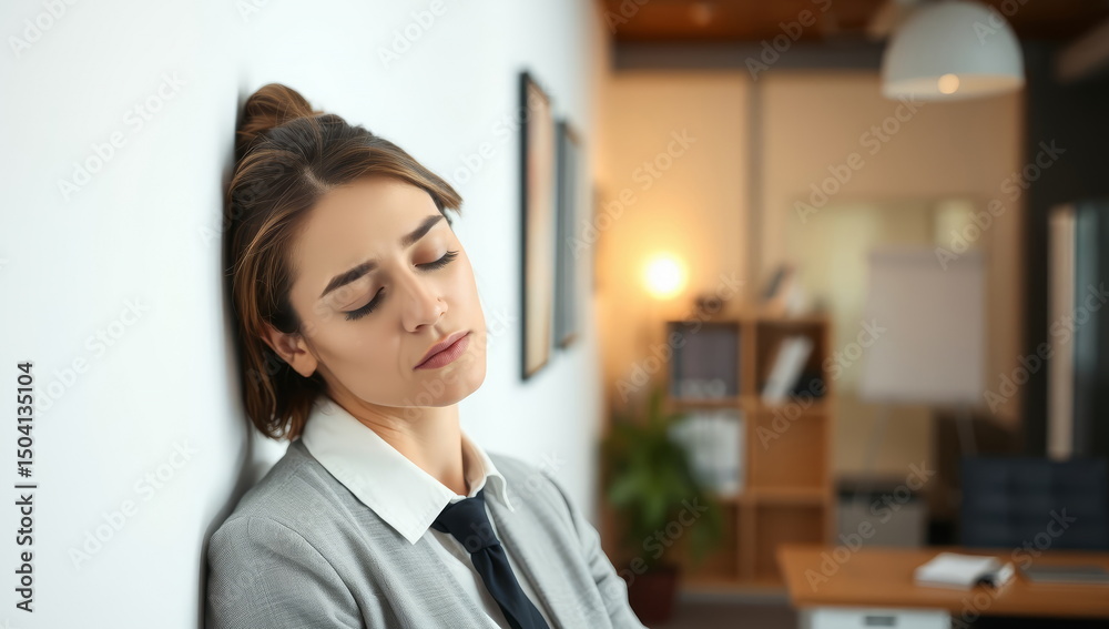 Businesswoman in her office against the wall, slumping from burnout. Woman in white shirt and black tie Businesswoman in her office against the wall, slumping from burnout. Woman in white shirt and black tie