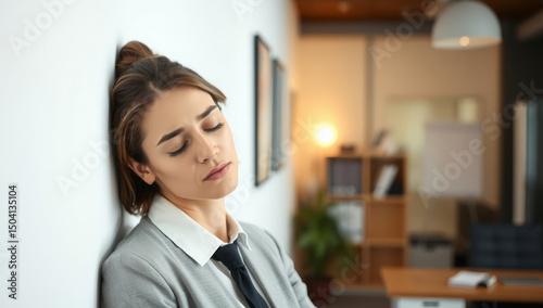 Businesswoman in her office against the wall, slumping from burnout. Woman in white shirt and black tie