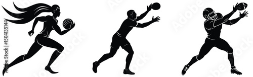 Silhouette athletes in action woman running with ball men catching football vector illustration
