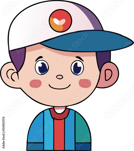 Cheerful cartoon boy wearing a baseball cap with a unique logo