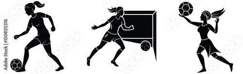 Silhouette illustration of female soccer players in action depicting dribbling shooting and throwing