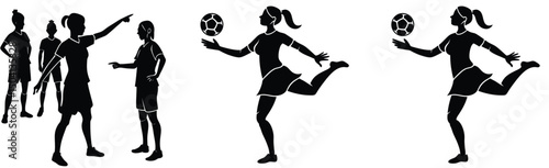 Silhouette illustration of female soccer players in training and action on the field