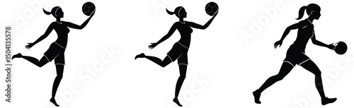Silhouette of woman basketball player in action dribbling and shooting the ball on white background