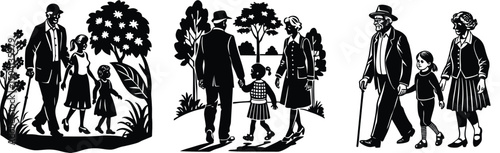 Three generations walking together grandparents parents and children in graphic and white style