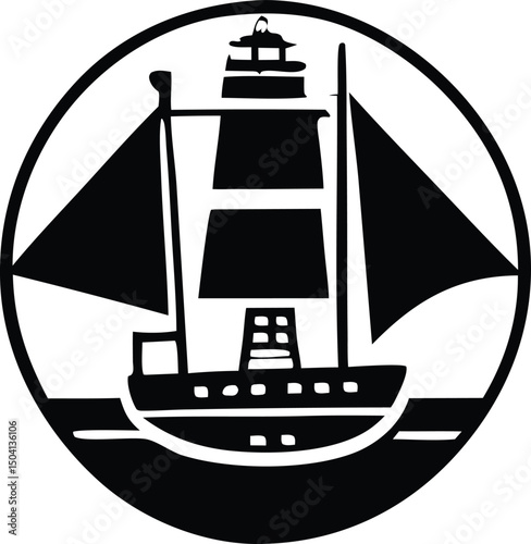 Black and white illustration of a sailing ship within a circular frame