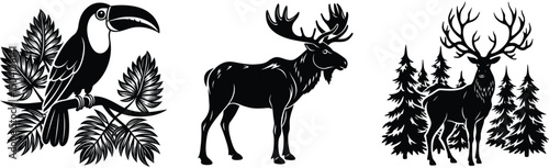 Vector set with tropical bird,moose,and deer in forest silhouettes