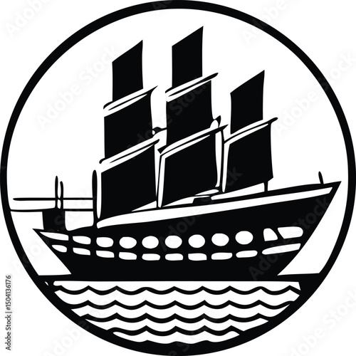 Black and white illustration of a three masted sailing ship in a circular frame