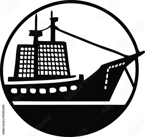 Stylized black and white illustration of a cargo ship within a circular frame