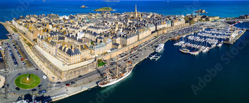 aerial panoramic view of Saint -Malo , historic French port in Ille-et-Vilaine, Brittany. France travel and landmarks. drone view of old city and harbour