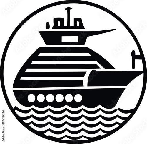 A black and white illustration of a cruise ship on water within a circular frame