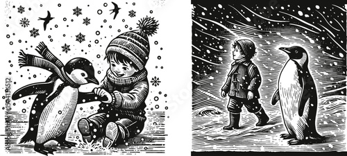Vintage Woodcut Style Illustration of Young Boy and Penguin Enjoying Snowfall – Retro Engraving Winter Scene, Whimsical Holiday Design, Black and White Etching Art