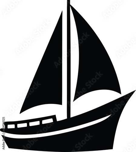 Simple black silhouette of a sailboat with two sails and a hull