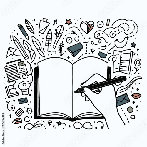 hand drawn sketch, open book with blank pages. 
Closed Book with Bookmark, Line Art Illustration.
Hand-drawn illustration of a hand writing in a notebook
