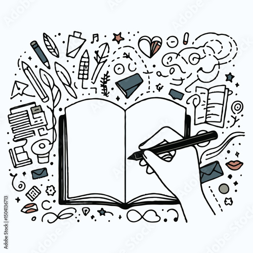 hand drawn sketch, open book with blank pages. 
Closed Book with Bookmark, Line Art Illustration.
Hand-drawn illustration of a hand writing in a notebook