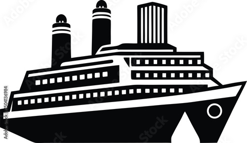 Black and white illustration of a large passenger ship with multiple decks and tall stacks