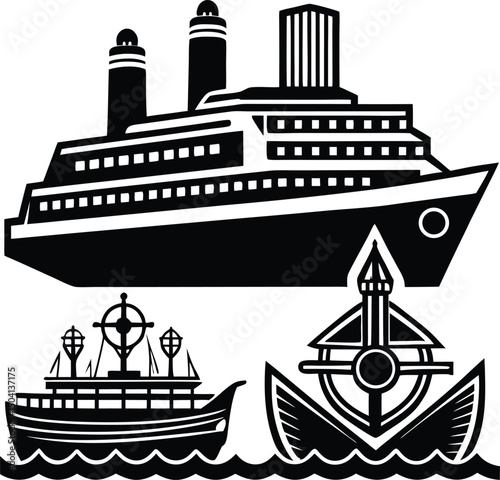 Black and white illustration of cruise ship ferry and boat on water