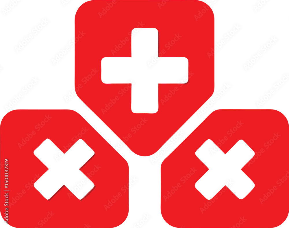 Fototapeta premium Red graphic design featuring a central plus sign flanked by two cross marks