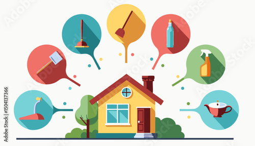 House cleaning supplies icons, flat style illustration, for website design