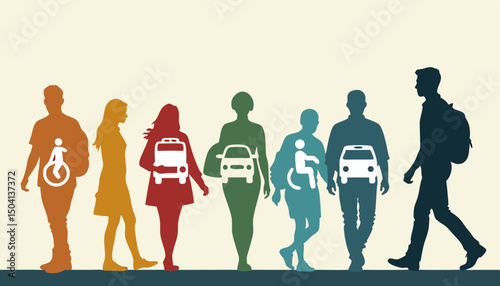 Diverse people using city transportation, with copy space