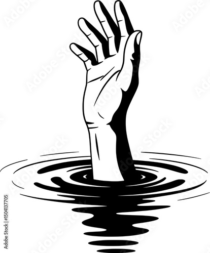 Silhouette of hand emerging through water-like mirror in surreal minimalist style, representing self-discovery, duality, and reflection on white background

