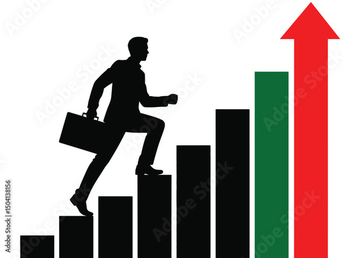 Businessman Climbing Success Graph with Upward Arrow, Business Growth and Career Progress Concept, silhouette of business man with arrow