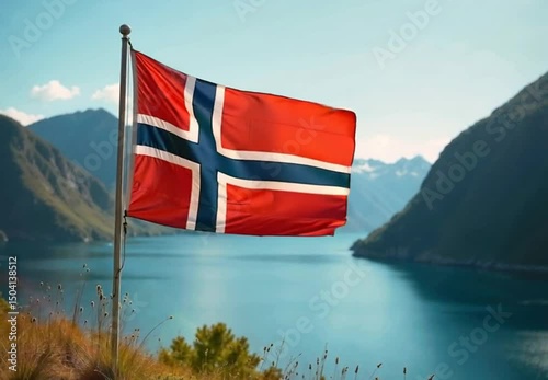 The Norwegian flag waves freely against a backdrop of the stunning fjord landscape.