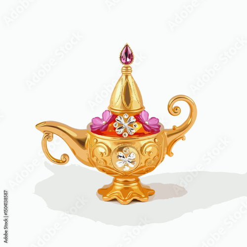 ornamental golden magic lamp on white background