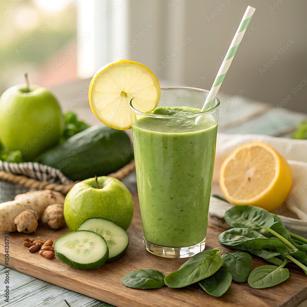 Green Smoothie with Apple, Lemon, and Ginger on Wooden Surface Green Smoothie with Apple, Lemon, and Ginger on Wooden Surface